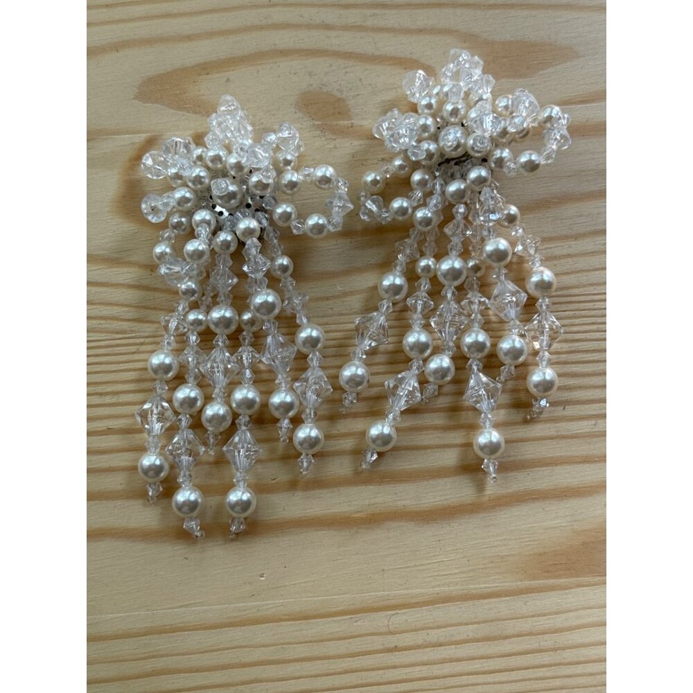 Vintage Faux Pearl & Crystal Clip-On Earrings With Dangling Beads